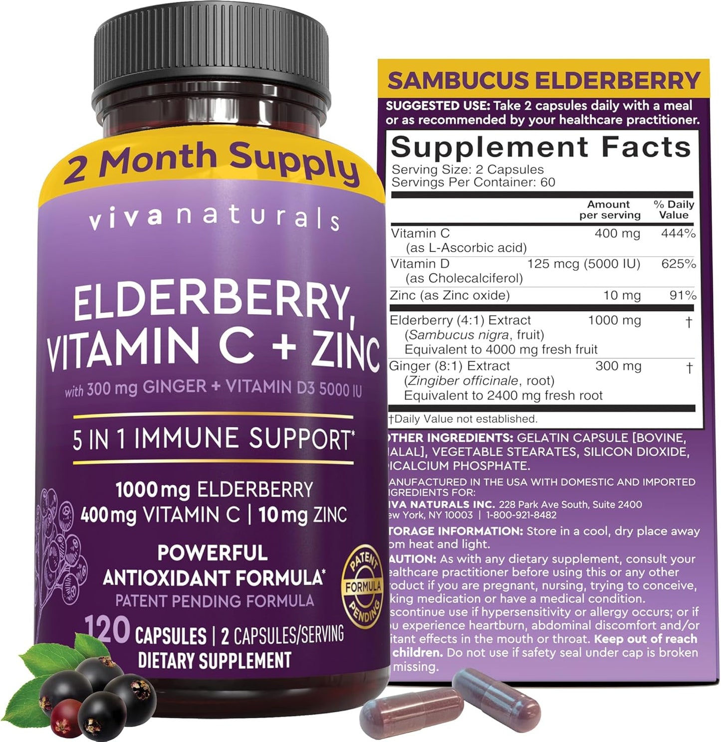 Viva Naturals Saúco con vitamina C y zinc para adultos - 5 en 1 Cáp...