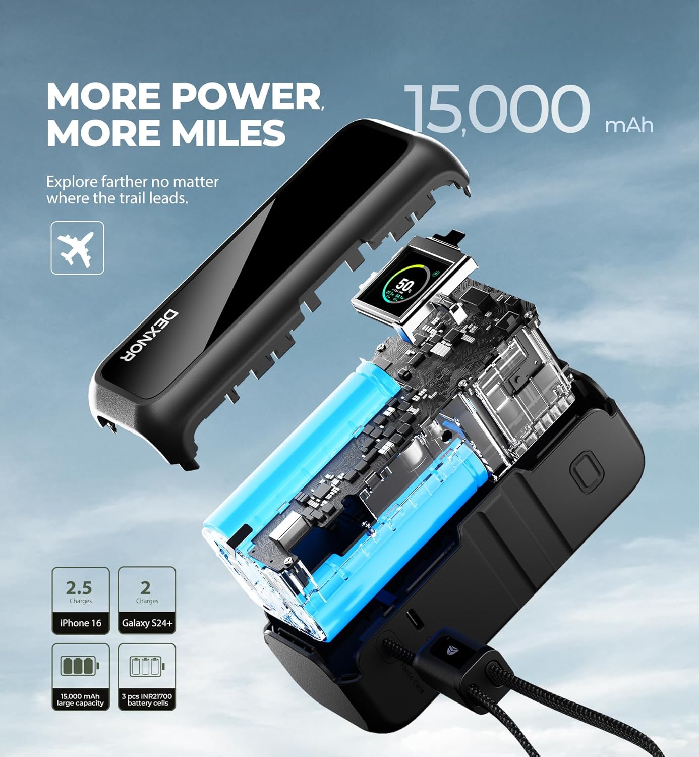 Dexnor Banco de energía 3 en 1, batería de 15,000 mAh con salida de 65 W, enchufe de CA plegable, cable de mango USB integrado, compatible con carga rápida PD3.0 y PPS, cargador portátil elegante para