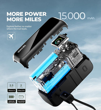 Dexnor Banco de energía 3 en 1, batería de 15,000 mAh con salida de 65 W, enchufe de CA plegable, cable de mango USB integrado, compatible con carga rápida PD3.0 y PPS, cargador portátil elegante para