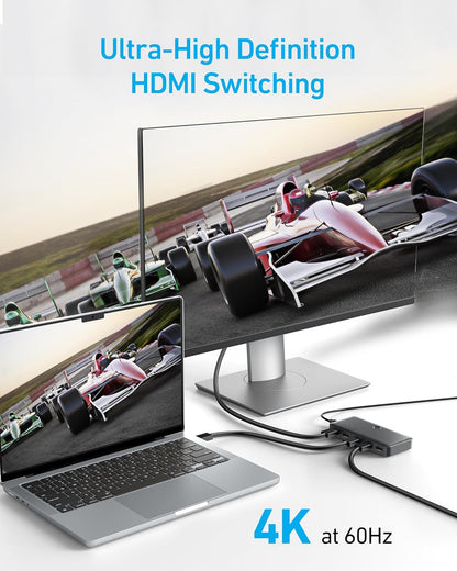 Anker Conmutador HDMI, Conmutador HDMI 4K@60Hz, 4 en 1 salida con acabado suave, compatible con HDR, 3D, Dolby, DTS, compatible con laptops, PC, Xbox, proyector (cargador y baterías del control remoto
