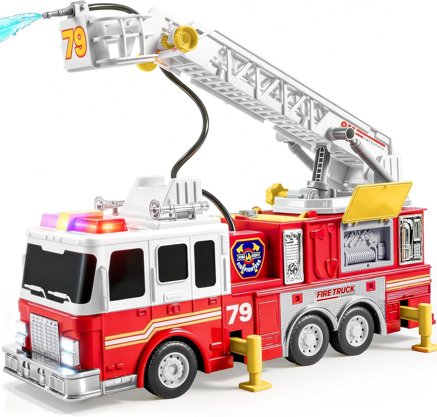 JOYIN Camión de Bomberos Extra Grande para Niños Pequeños con Escalera de 33 Pulgadas, Luces y Bomba Rociadora, Vehículo de Emergencia Grande, Juguetes para Niños de 3, 4, 5, 6, 7 Años de Edad, Regalo