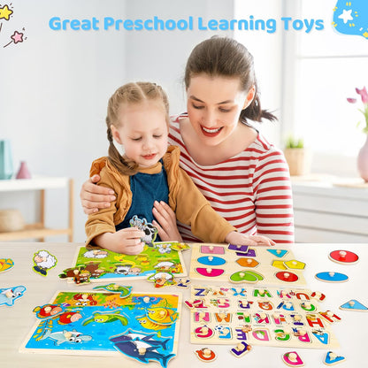 Rompecabezas de madera con clavos para niños pequeños de 2, 3 y 4 años, 4 paquetes de juguetes Montessori para preescolar, rompecabezas de aprendizaje para niños pequeños de 1 a 3 años con animales