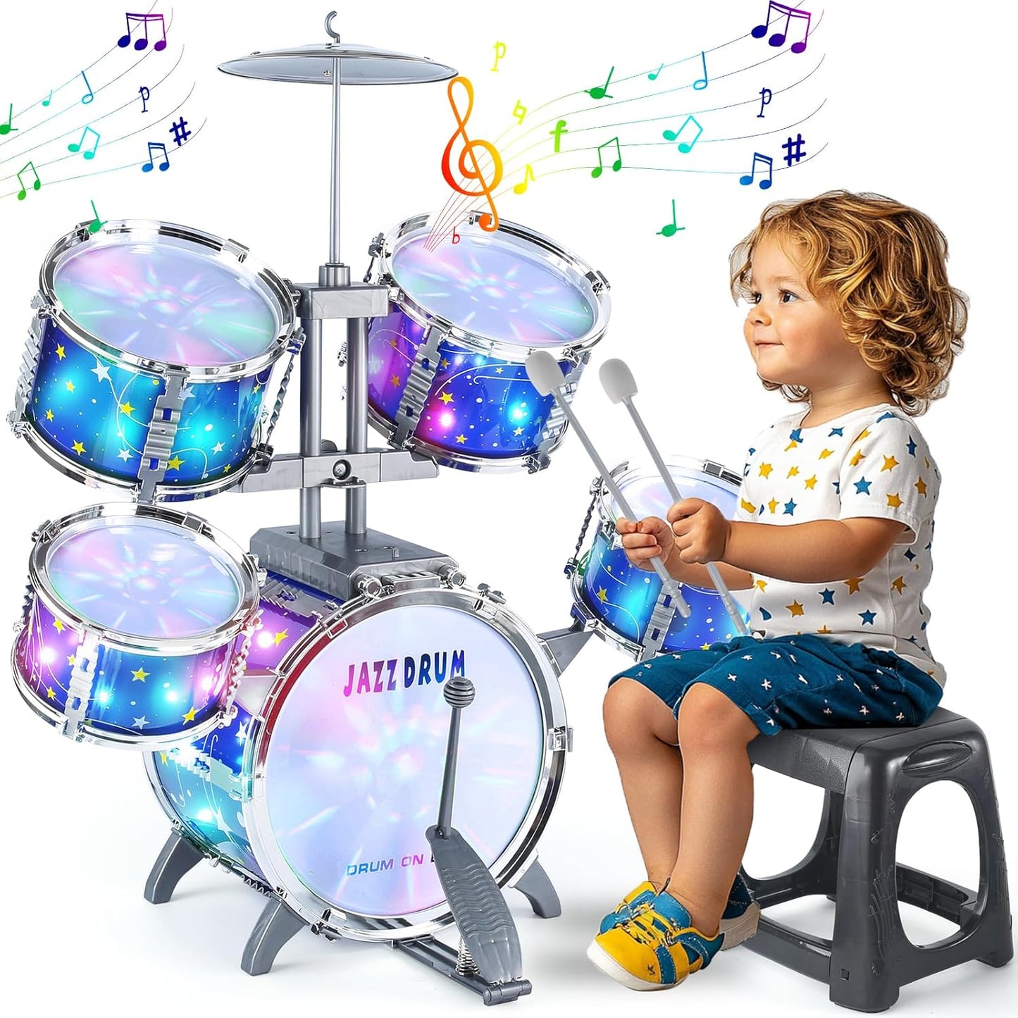 Juego de batería para niños de 1 a 3 años, batería de jazz para niños de 3 a 5 años, juguetes de instrumentos musicales con luz de estrellas para niños y niñas de 2-5, 4, 6, 5-7 (todo de plástico)