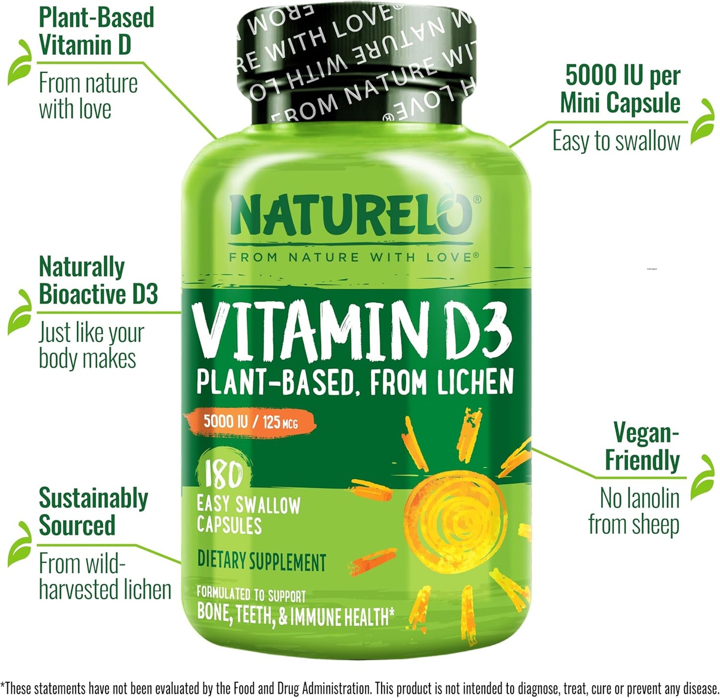 NATURELO Vitamina D - 5000 UI - Basada en plantas de liquen - Suple...