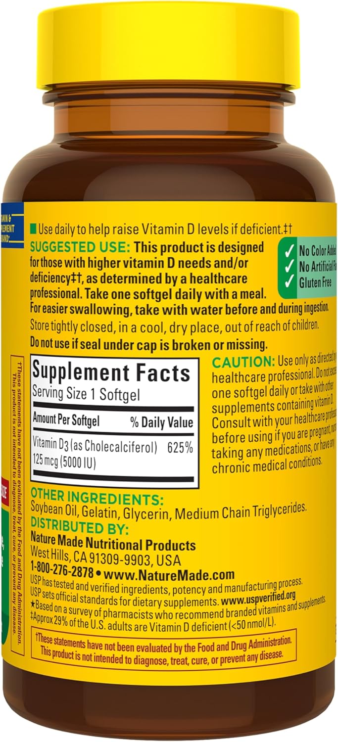 Nature Made Vitamina D3 5000 UI (125 mcg), suplemento de vitamina D...