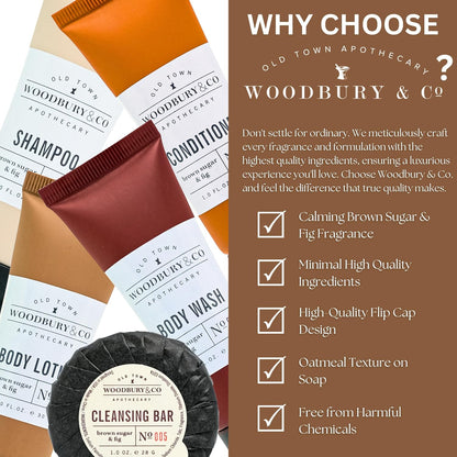 WOODBURY & CO - Suministros de champú y acondicionador de hotel para invitados, artículos esenciales de Airbnb para anfitriones, juegos de mini champú y acondicionador, artículos de tocador de tamaño