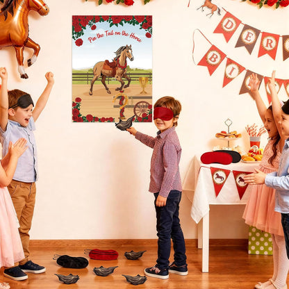 Civaner Juego de 33 piezas de decoración Derby Pin The Tail on The Horse con 1 póster, 30 colas de caballo y 2 máscaras de ojos de poliéster, juegos de fiesta para Derby Western Cowboy suministros de