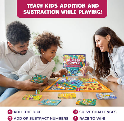 Number Hunter Juego de Mesa de Matemáticas – Aventura de Suma y Resta para Niños de 4 a 8 Años – Divertido Juego Educativo STEM para Kindergarten, 1º a 3º Grado, Educación en Casa y Noche de Juegos