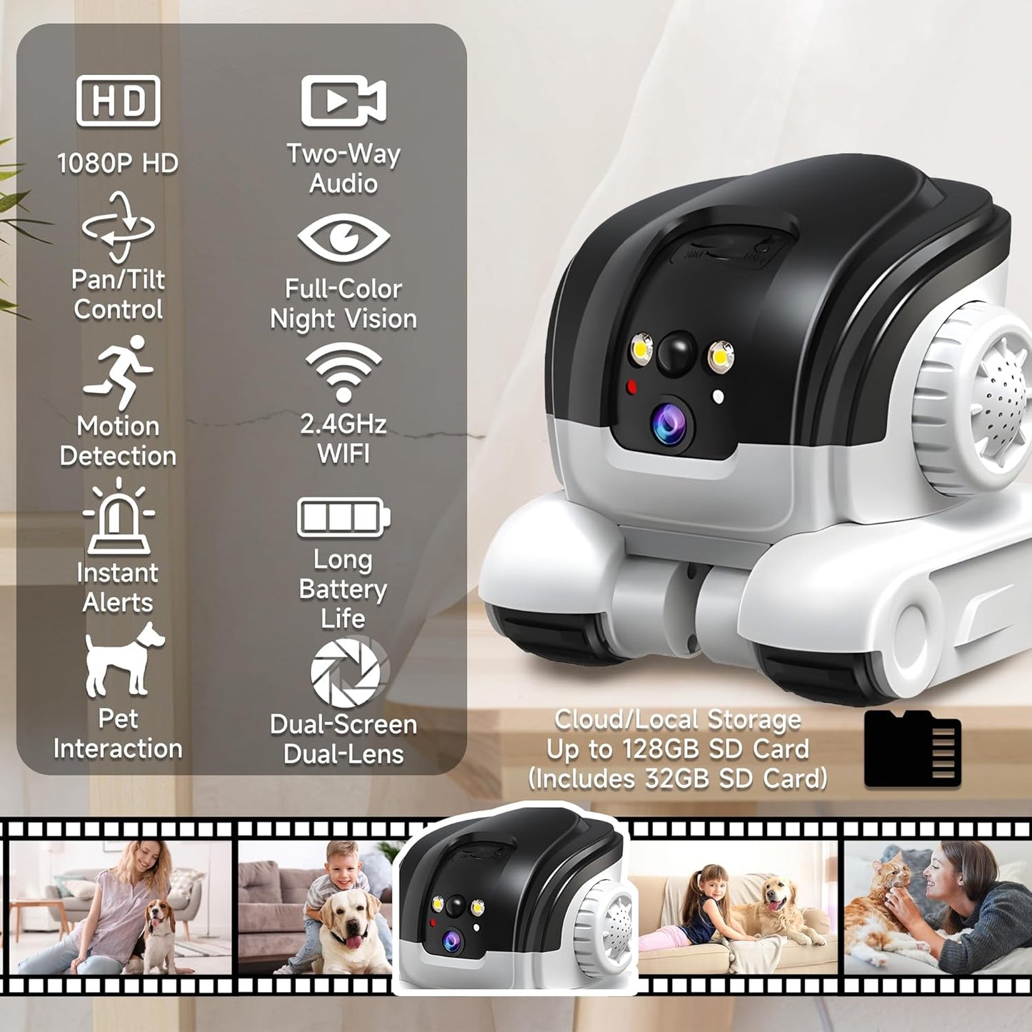 Cámara para mascotas, robot móvil 1080P para interiores con aplicac...