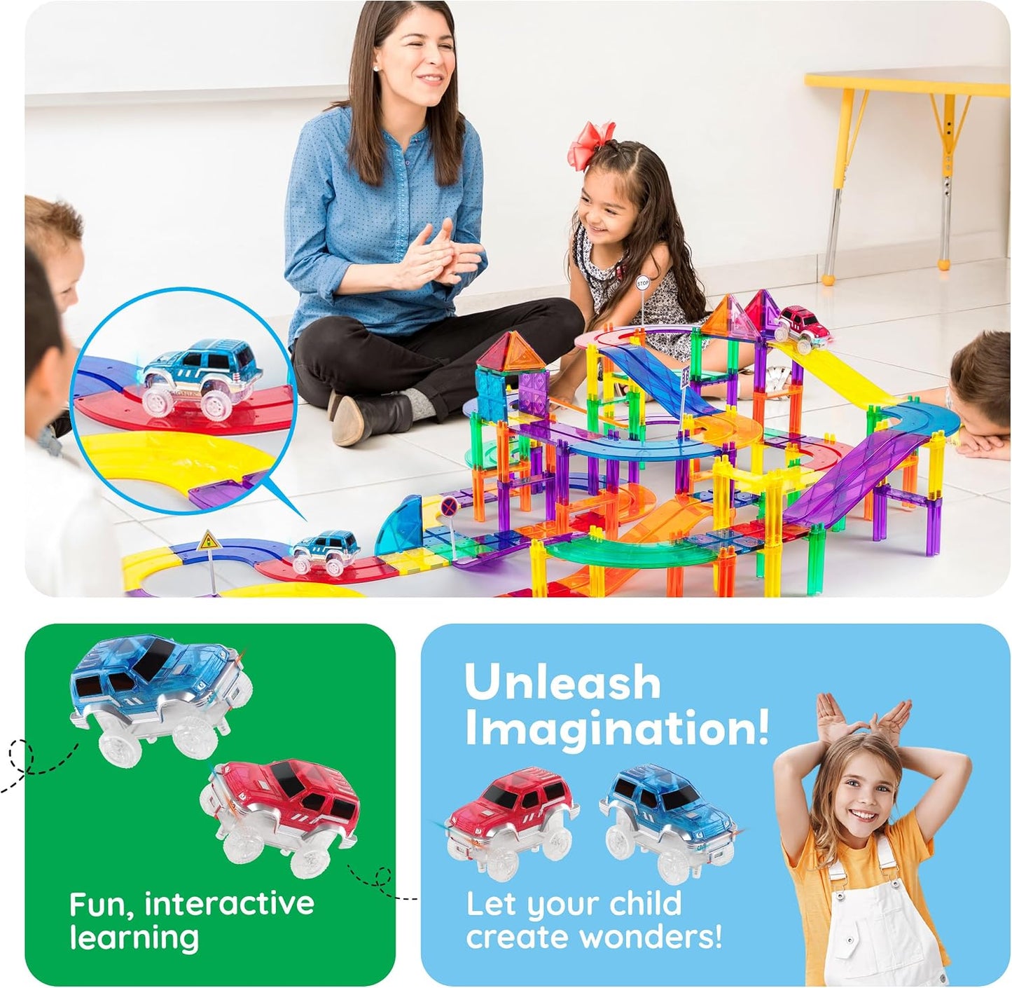 PicassoTiles Juego de 2 autos magnéticos de juguete altamente detal...