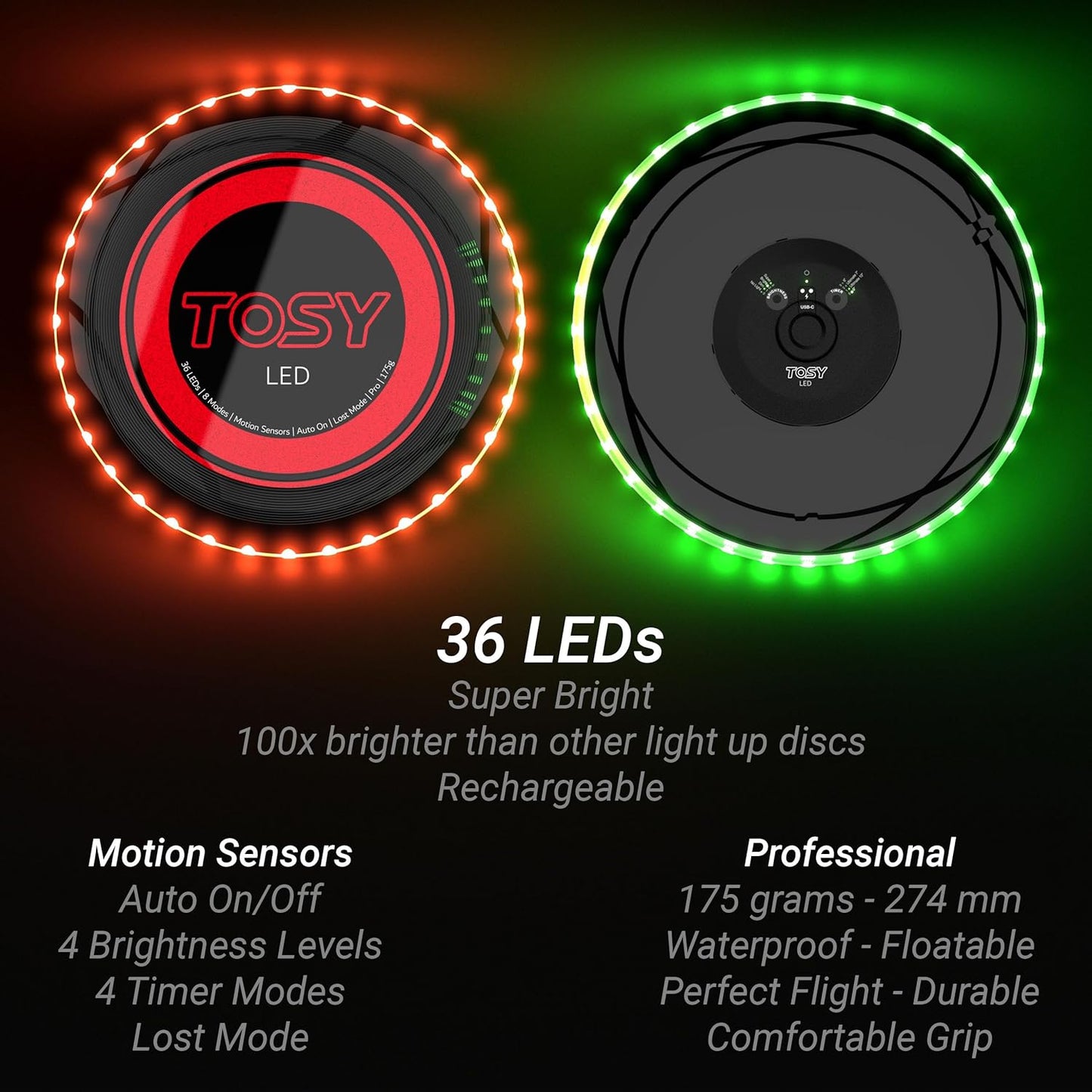 TOSY Flying Disc - 108 RGB Multicolor or 36 Monocolor LEDs, Super B...