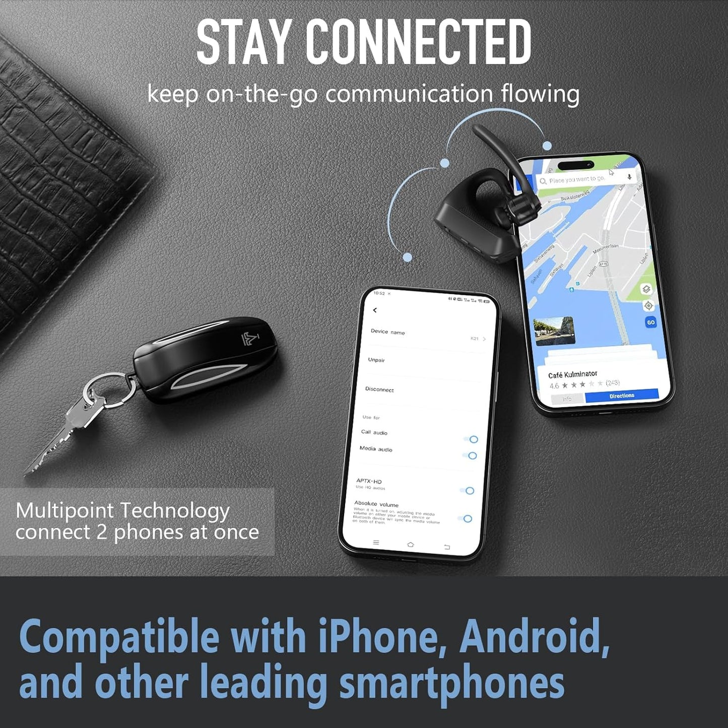 Conambo Auriculares Bluetooth 5.2 con CVC8.0 Dual Mic Cancelación de Ruido Auricular Bluetooth 16Hrs Talktime Auriculares Inalámbricos para Camión Conductor iPhone Android Teléfonos Celulares