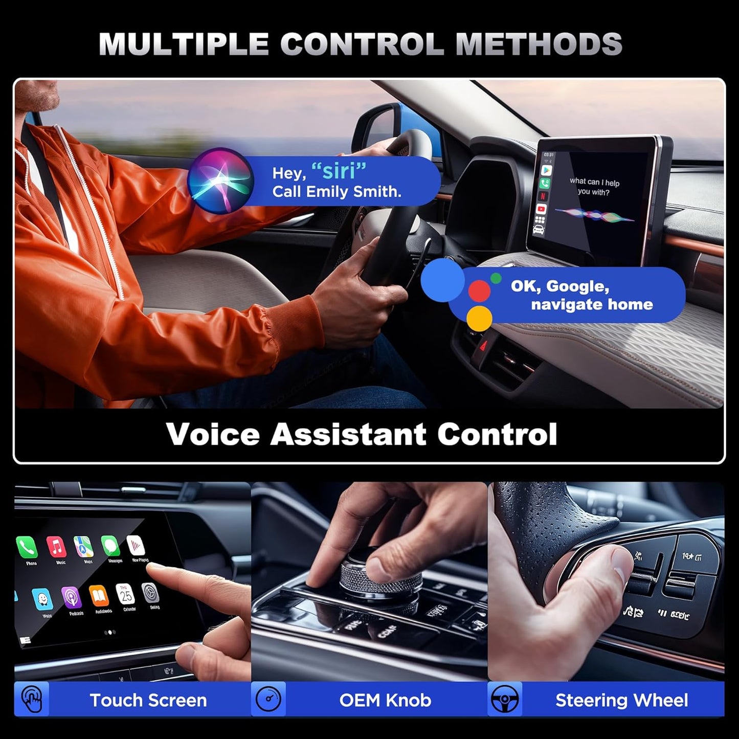 Adaptador Inalámbrico CarPlay y Android Auto 3 en 1, Plug & Play, Configuración Fácil, Compatible con Netflix, YouTube, Tarjeta TF y Más para Automóviles con CarPlay/Android Auto Cableado