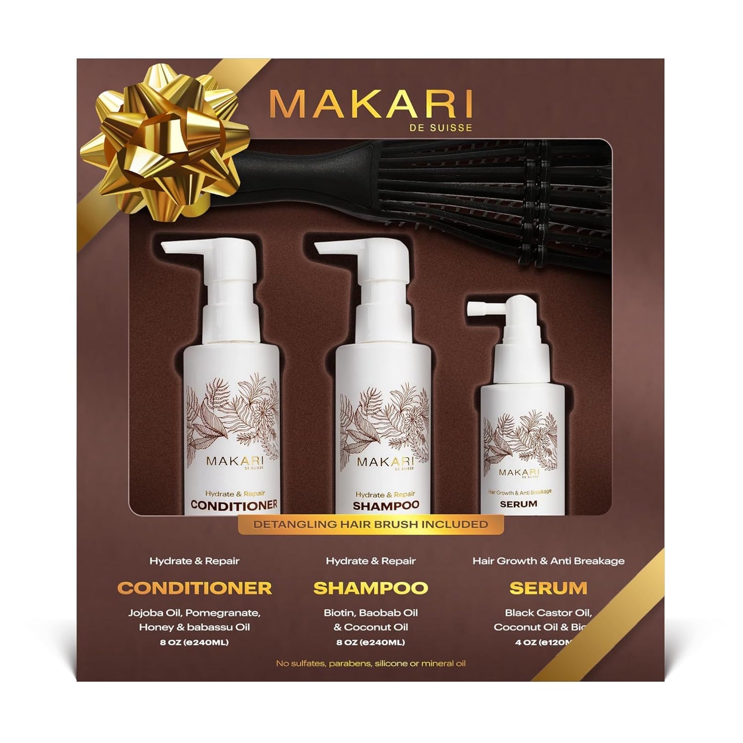 Makari Set de cuidado del cabello con champú, acondicionador, suero y cepillo | Biotina, aceite de ricino negro, jojoba y miel | Hidrata, fortalece y mejora el brillo | Sin sulfato, parabenos ni