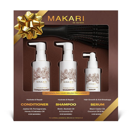 Makari Set de cuidado del cabello con champú, acondicionador, suero y cepillo | Biotina, aceite de ricino negro, jojoba y miel | Hidrata, fortalece y mejora el brillo | Sin sulfato, parabenos ni