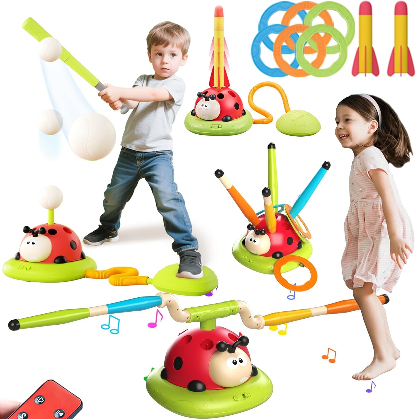 Juego de salto musical 4 en 1, juego de lanzamiento de anillos, juguetes de béisbol y lanzador de cohetes de lanzamiento por pisoteo para niños, juguetes y juegos con control remoto, juguetes para