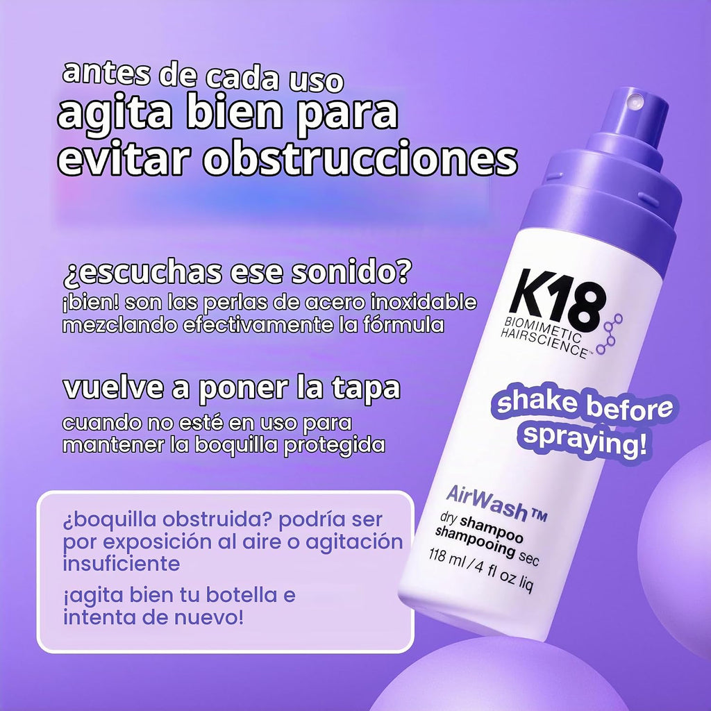 El champú seco K18 AirWash™, sin aerosol, equilibra el cuero cabell...