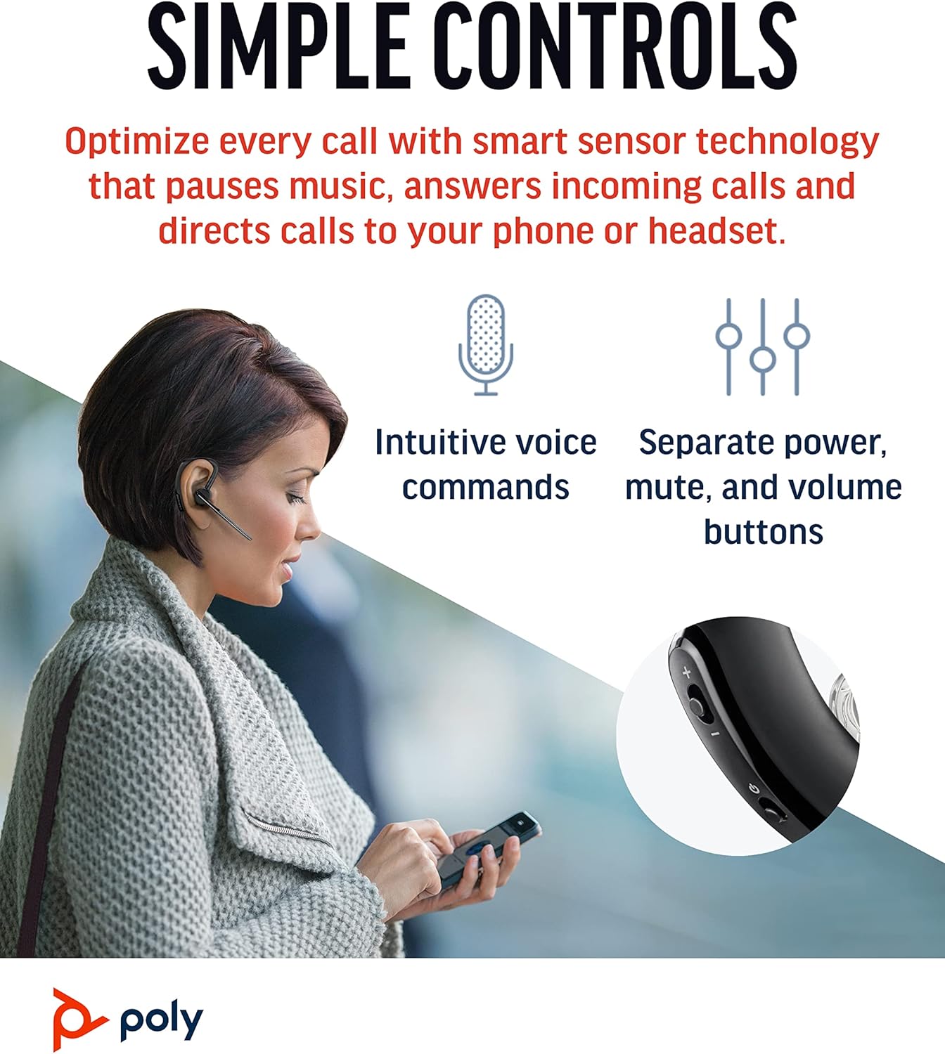 Poly Voyager Legend - Auriculares inalámbricos (Plantronics) – Bluetooth de un solo oído con micrófono de cancelación de ruido – Controles de voz – Botones de silencio y volumen – Diseño ergonómico