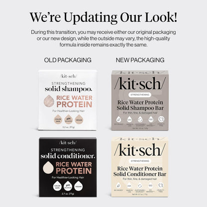Kitsch Champú y acondicionador sólido de proteína de agua de arroz para el crecimiento del cabello – Dúo fortalecedor del cuidado del cabello con proteína de arroz y vitaminas para reparación de daños – Sin parabenos, sulfatos y silicona, fabricado en Est