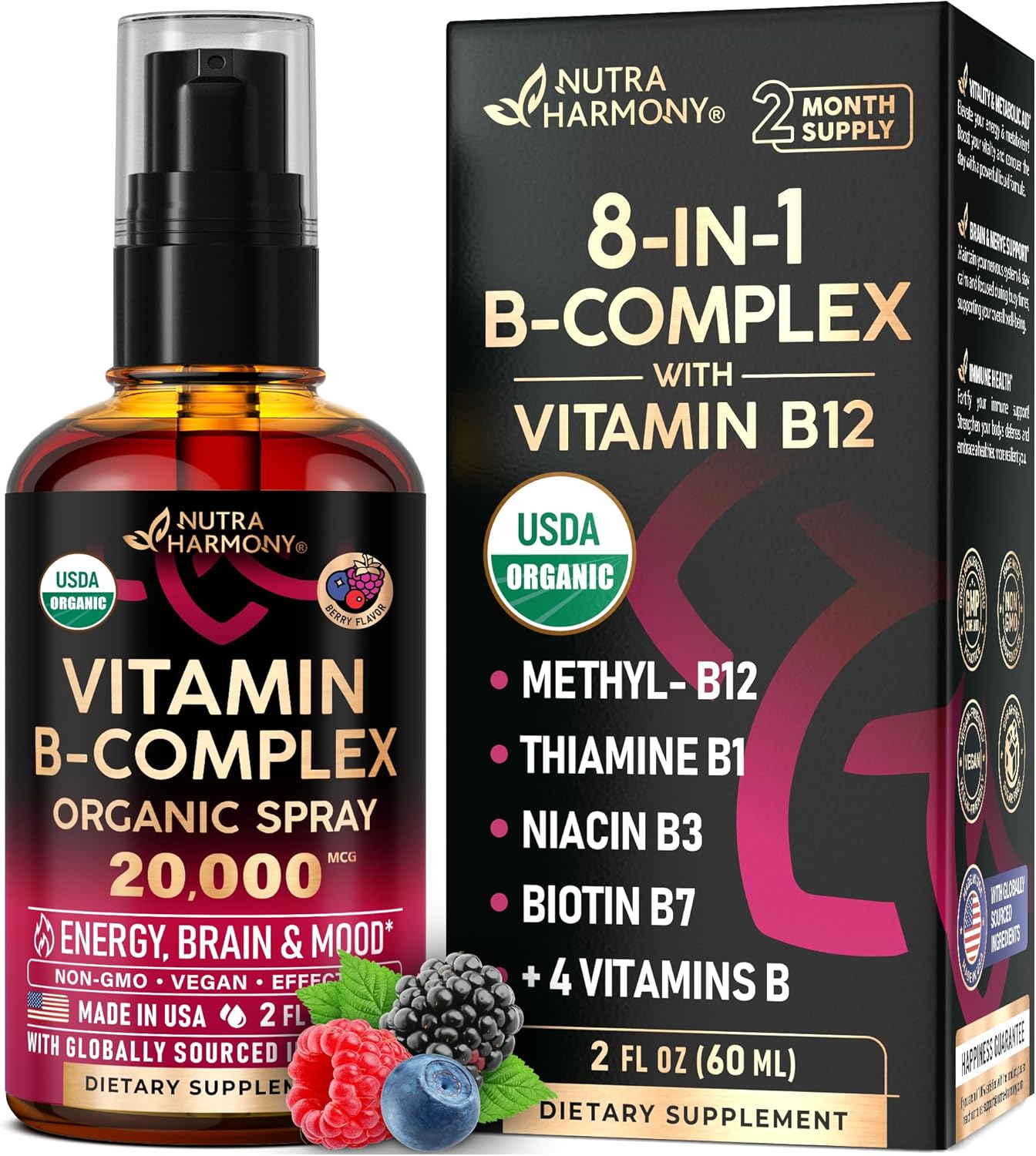 Spray Líquido de Vitamina B-Complex Orgánico USDA 8-en-1 - Ácido Pa...