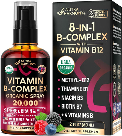 Spray Líquido de Vitamina B-Complex Orgánico USDA 8-en-1 - Ácido Pa...