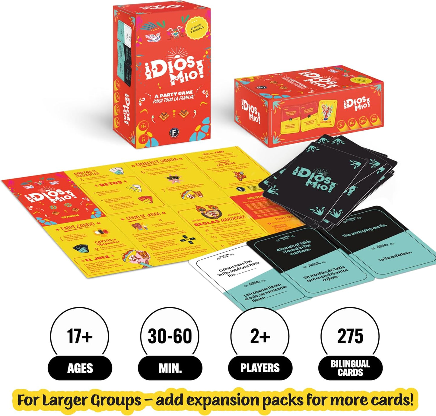 Dios Mio! Juego de fiesta latina - 275 cartas en inglés y español para latinos, mayores de 17 años y 2+ jugadores | 275 cartas en inglés para latinos, mayores de 17 años y 2+ jugadores