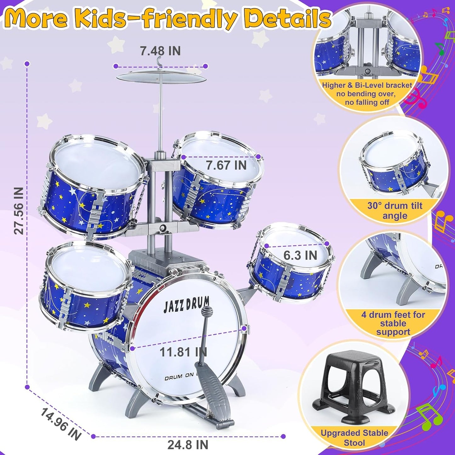 Juego de batería para niños de 1 a 3 años, batería de jazz para niños de 3 a 5 años, juguetes de instrumentos musicales con luz de estrellas para niños y niñas de 2-5, 4, 6, 5-7 (todo de plástico)