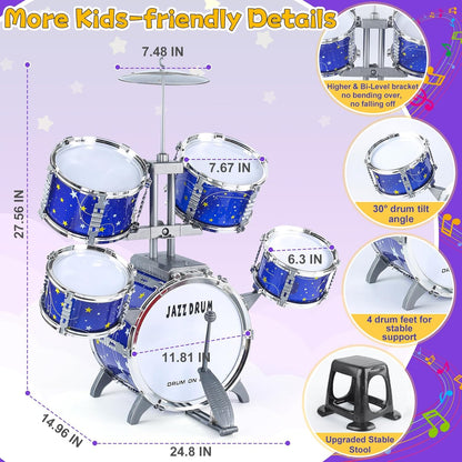 Juego de batería para niños de 1 a 3 años, batería de jazz para niños de 3 a 5 años, juguetes de instrumentos musicales con luz de estrellas para niños y niñas de 2-5, 4, 6, 5-7 (todo de plástico)