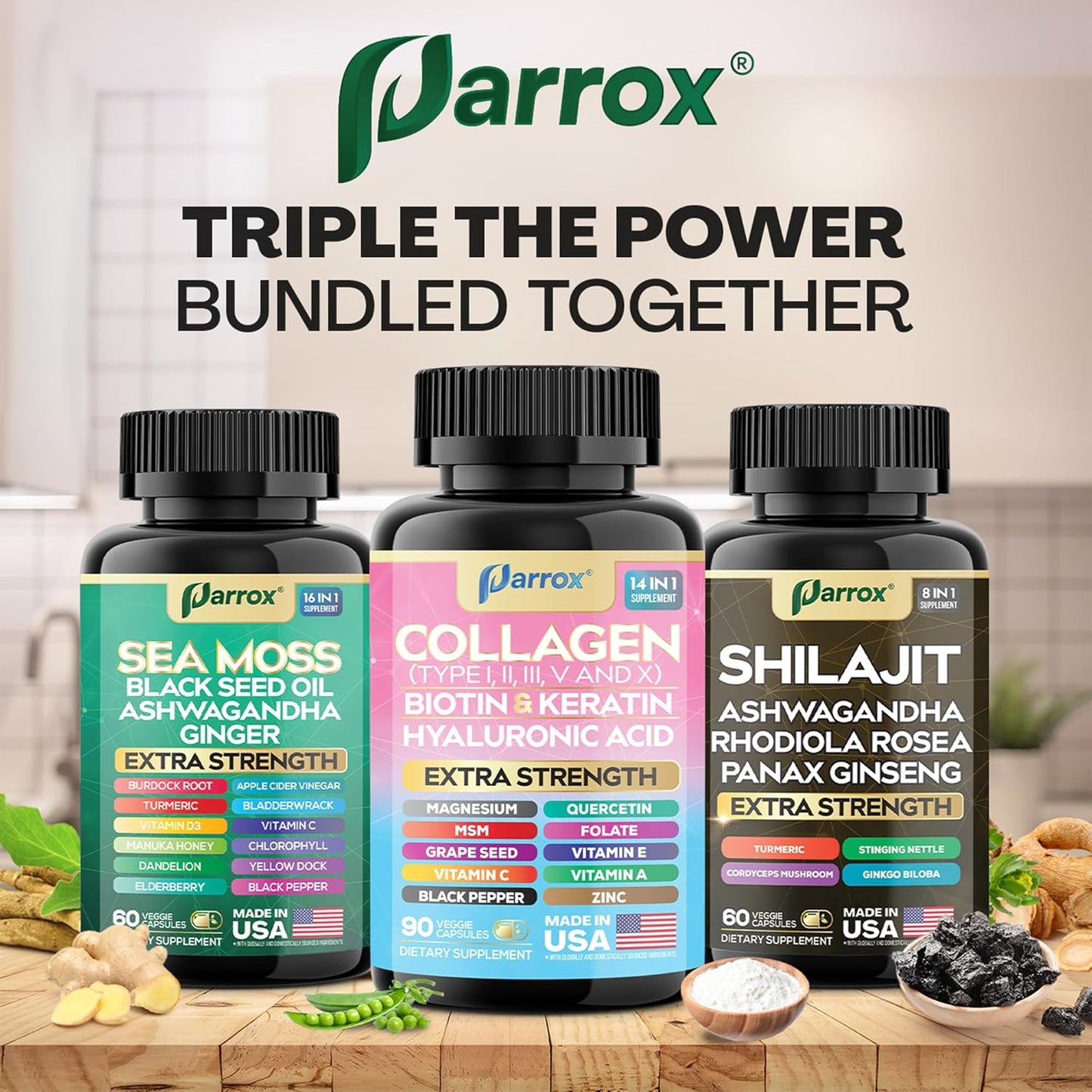 Parrox Ultimate Wellness Trio - Musgo marino, aceite de semilla neg...