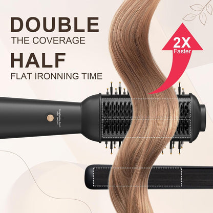 Plancha plana de 110-120 V con cepillo calentado para alisar el cabello, secador de cepillo de soplado de un solo paso para cabello negro, cepillo de aire caliente de barril ovalado de 2.362 in para