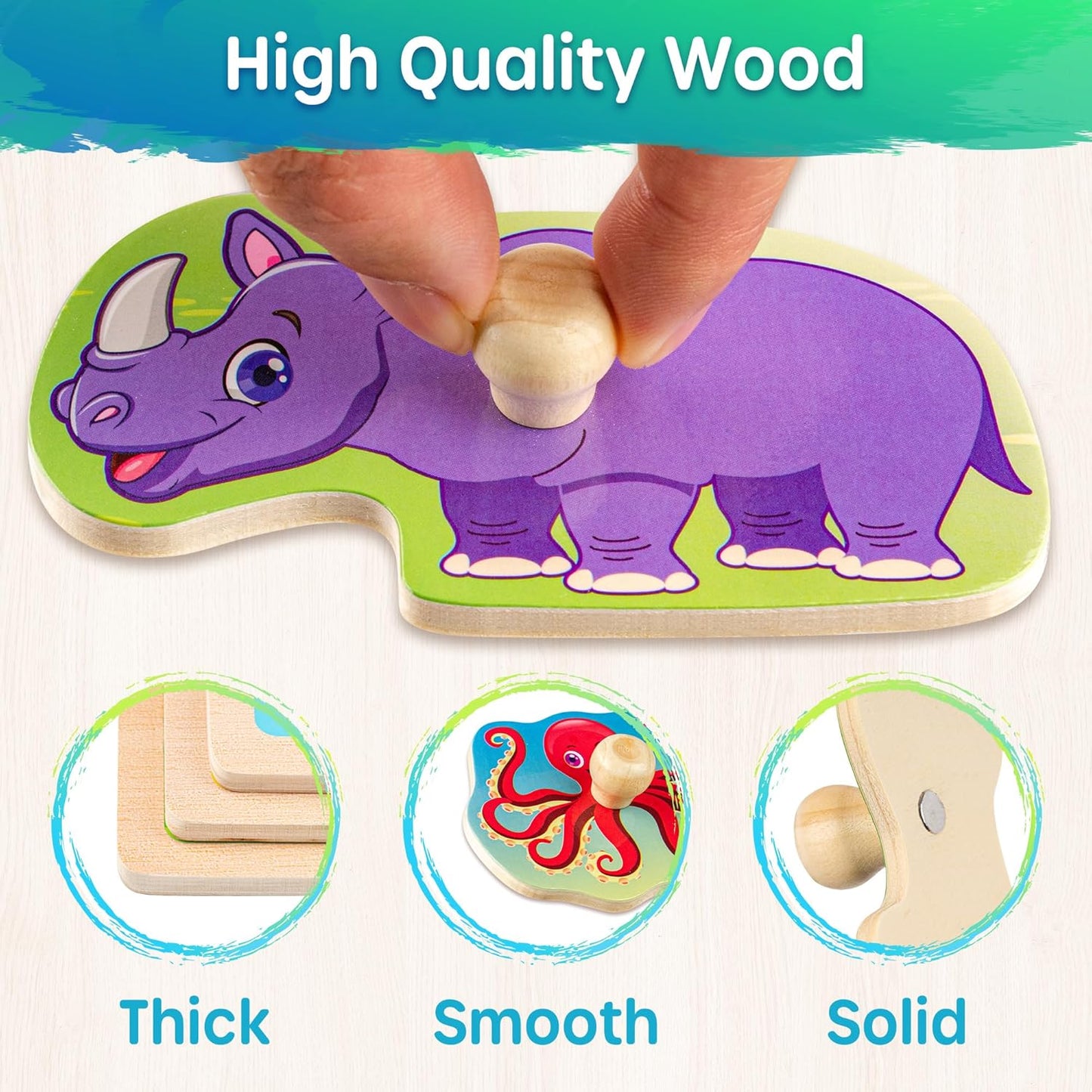 SYNARRY Rompecabezas de madera para niños pequeños de 1 a 3 años, 6 juegos de rompecabezas de animales para niños pequeños de 2 a 4 años con estante, rompecabezas para niños de 2 a 4 años, juguetes