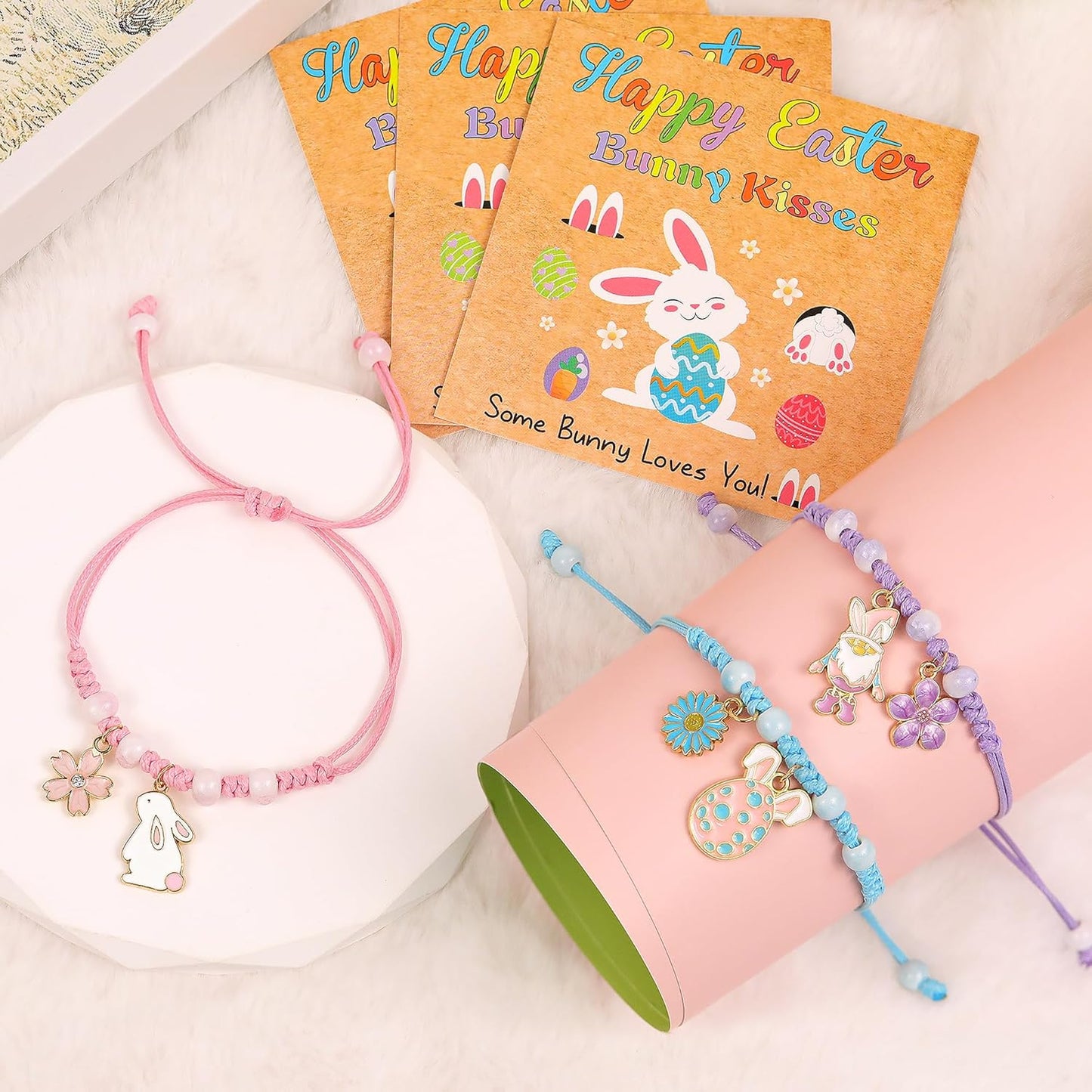 Regalos de Pascua para niños, 3 pulseras ajustables con dije de conejo con tarjeta de conejo, bonita pulsera de joyería para rellenos de cesta de Pascua para adolescentes, mujeres y niños