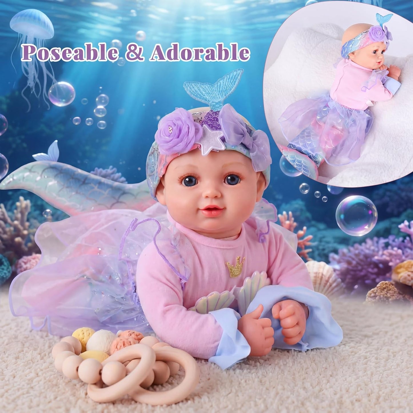 BABESIDE Muñeca bebé de sirena para niña, muñecas de bebé suaves re...
