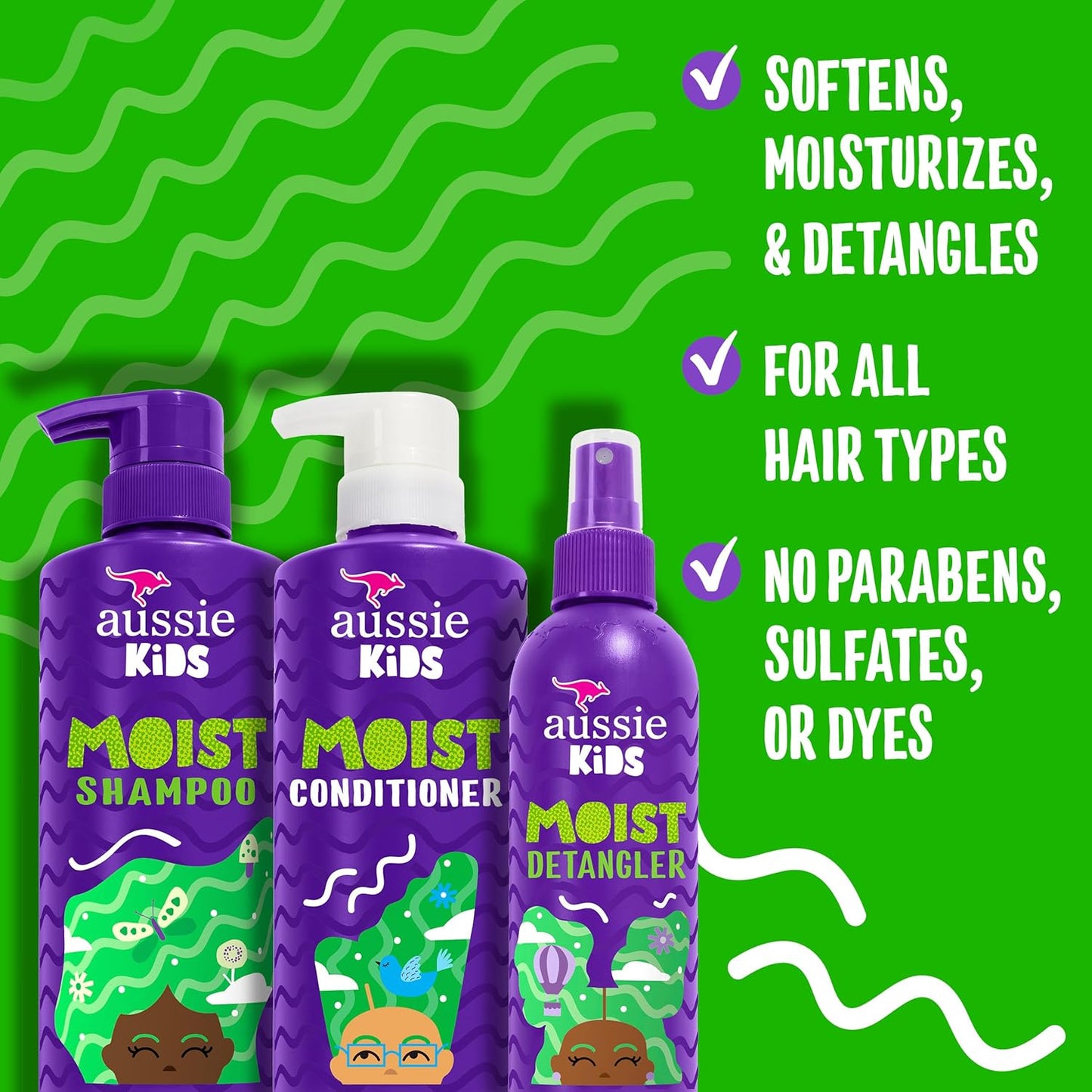 Paquete de cuidado capilar para niños Aussie que incluye: champú (16 fl oz), acondicionador (16 fl oz) y spray desenredante (8 fl oz), libre de parabenos, sin sulfatos, sin colorantes, sin crueldad