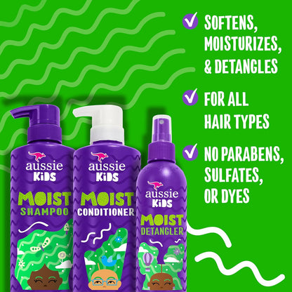 Paquete de cuidado capilar para niños Aussie que incluye: champú (16 fl oz), acondicionador (16 fl oz) y spray desenredante (8 fl oz), libre de parabenos, sin sulfatos, sin colorantes, sin crueldad