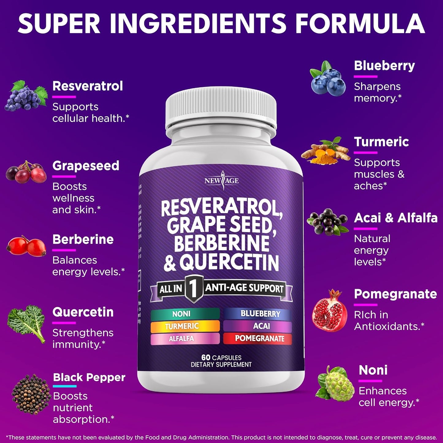 NEW AGE Resveratrol, berberina, extracto de semilla de uva, quercet...