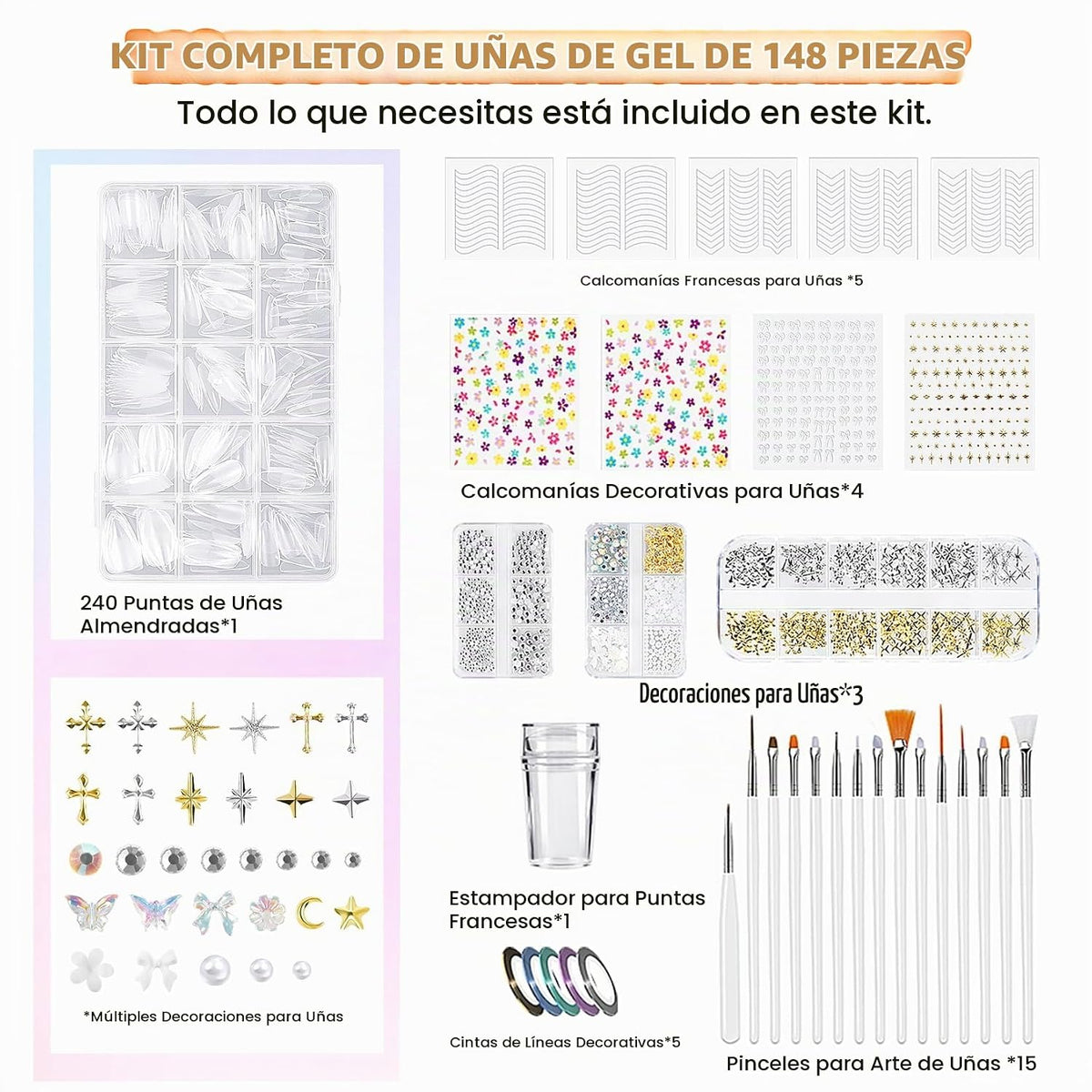 VANREESA Kit de 148 esmaltes de uñas de gel con puntas de uñas de a...