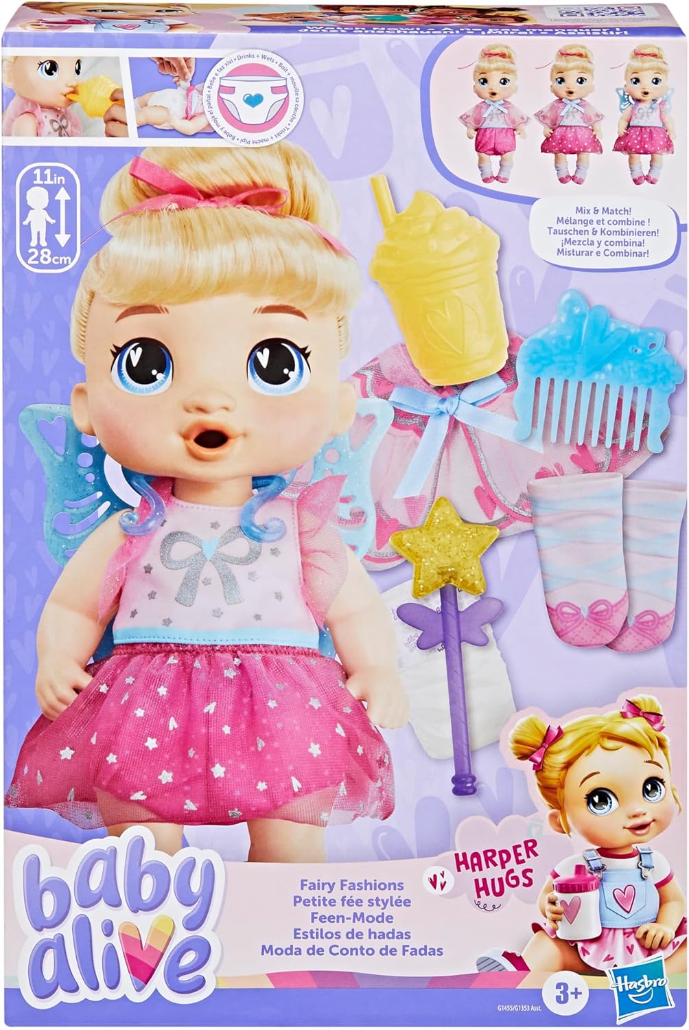 Muñeca Baby Alive Fairy Fashions Harper Hugs con ropa y accesorios,...