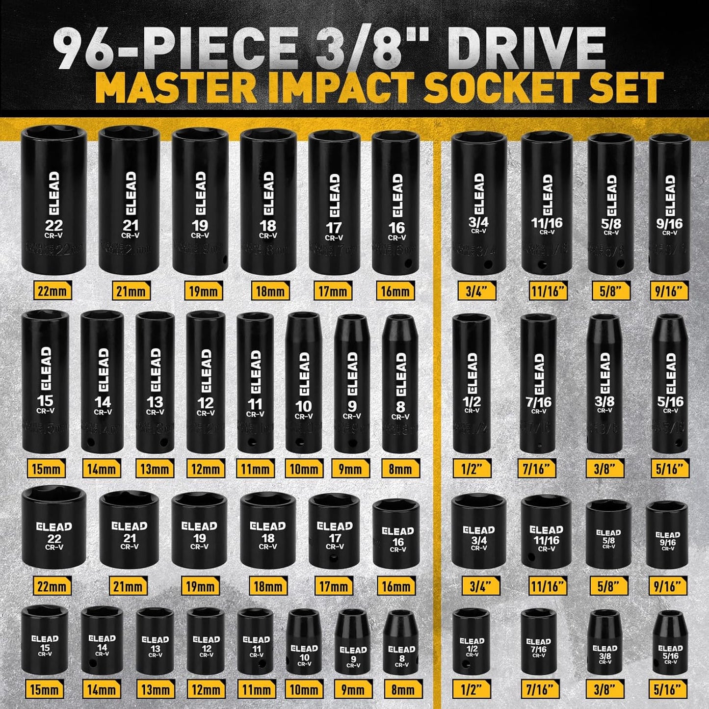 ELEAD 3\/8" Juego de llaves de impacto de 96 piezas, juego de v...