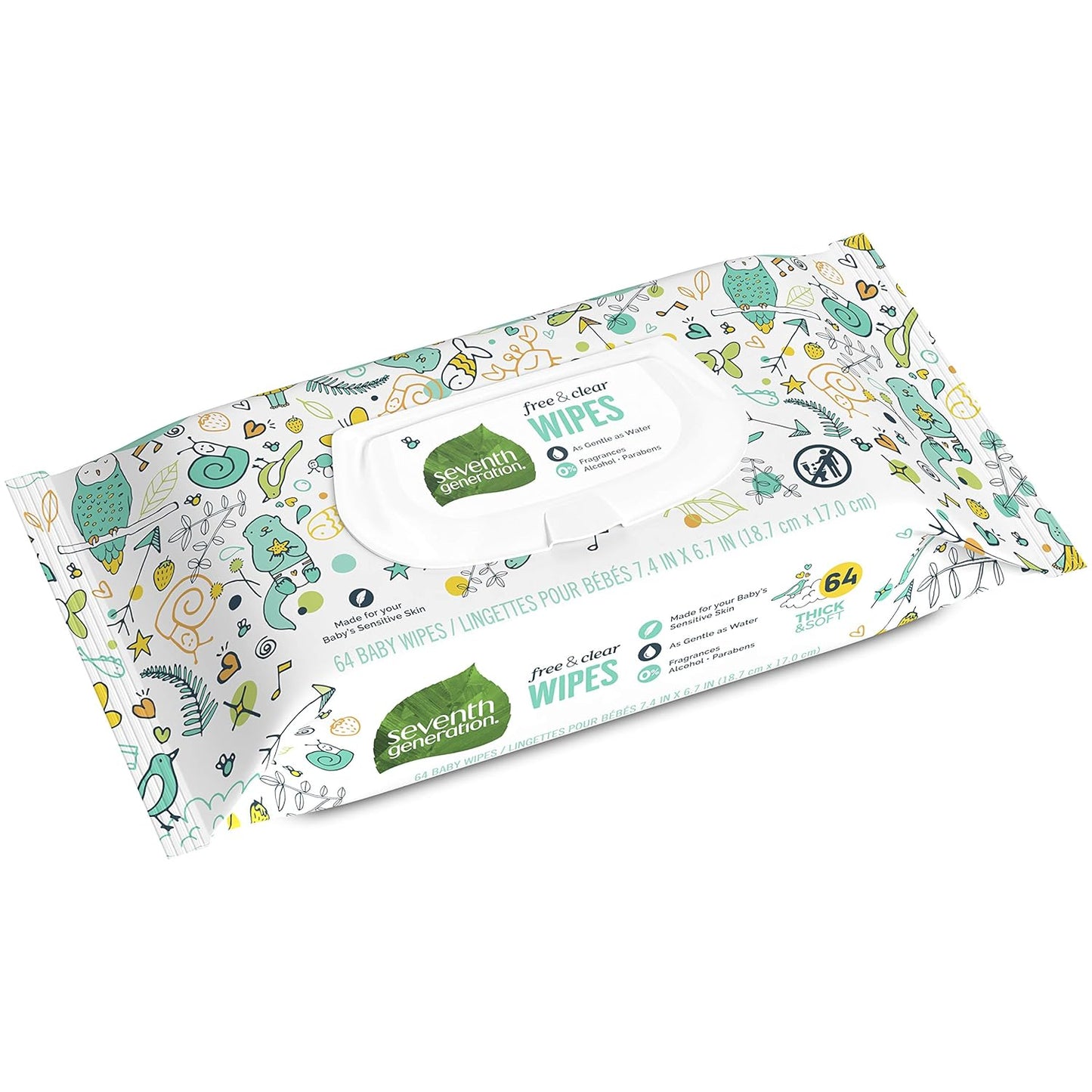 Seventh Generation Toallitas para bebé, libres y transparentes con dispensador de tapa abatible, 64 unidades