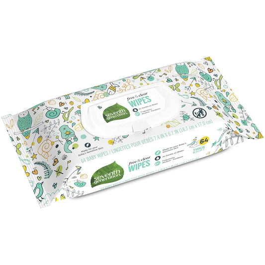 Seventh Generation Toallitas para bebé, libres y transparentes con dispensador de tapa abatible, 64 unidades