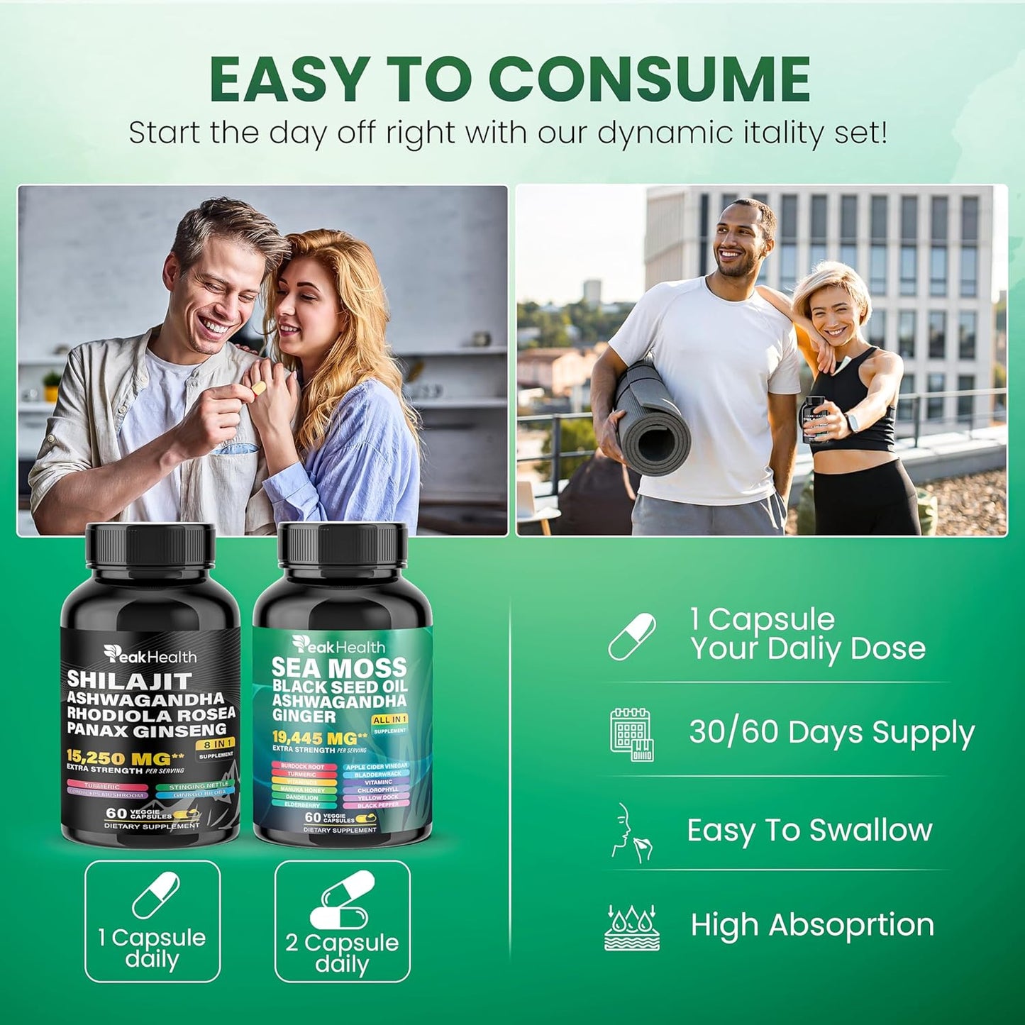 Peakhealth Cápsulas de Shilajit Sea Moss Aceite de Semilla Negra As...