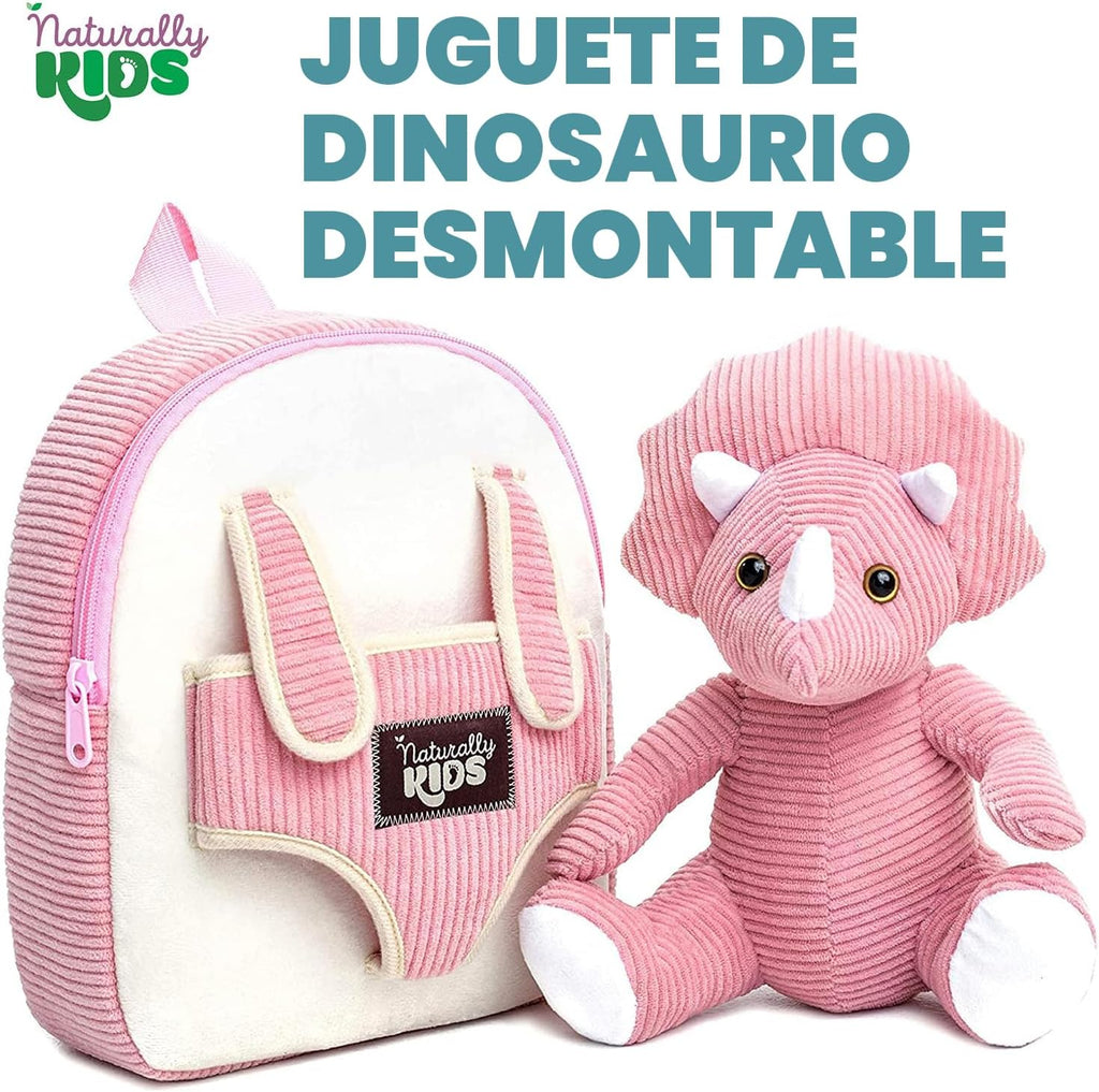 Naturally KIDS Mochila para niños pequeños con peluche rosa Tricera...