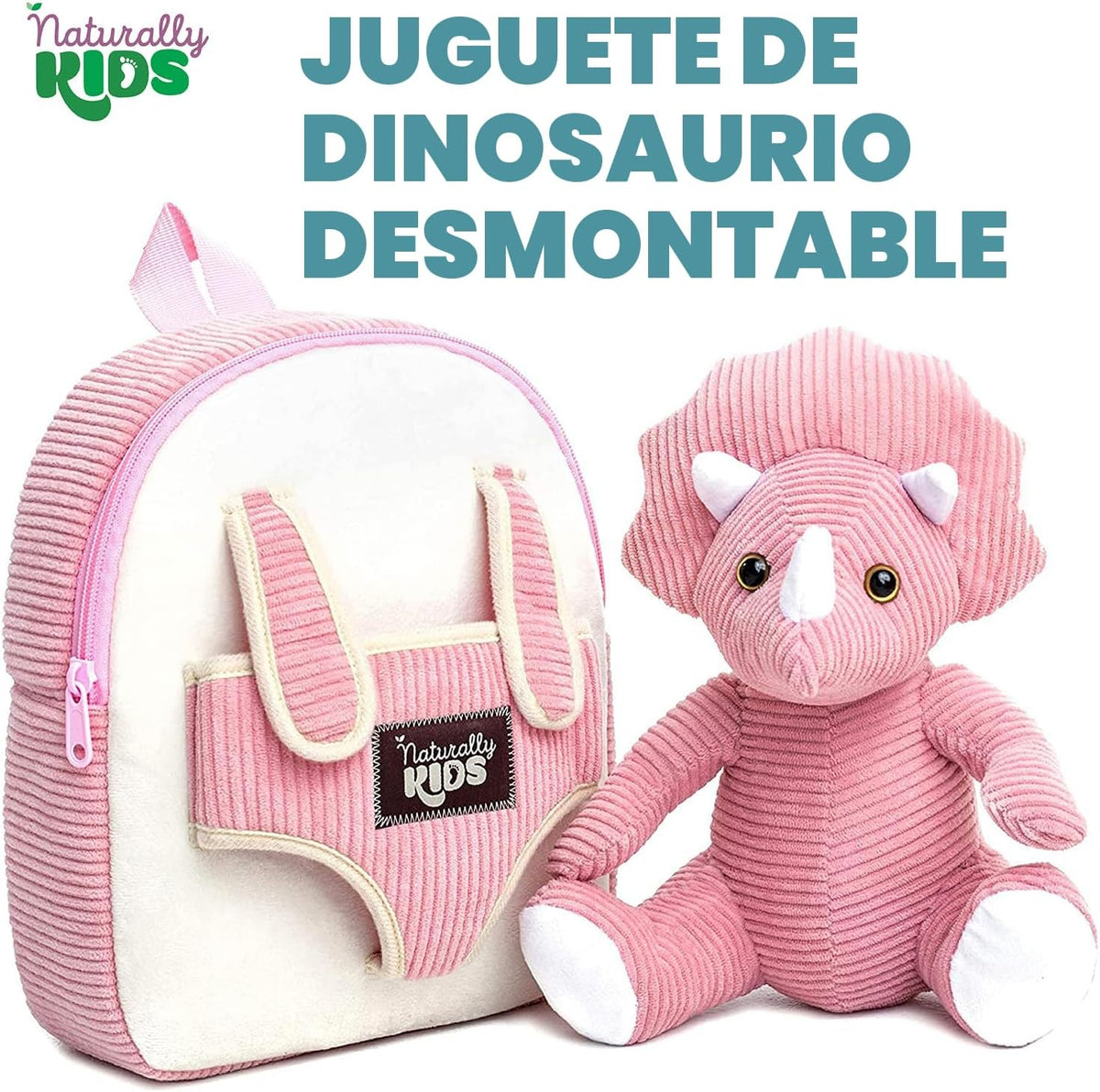 Naturally KIDS Mochila para niños pequeños con peluche rosa Tricera...