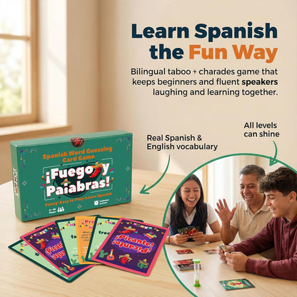 Juegos en español Tabú Charades | Juego de cartas de actuación y aprendizaje bilingüe - Desafíos fáciles y divertidos para practicar español | Perfecto para noches de juegos familiares, regalos