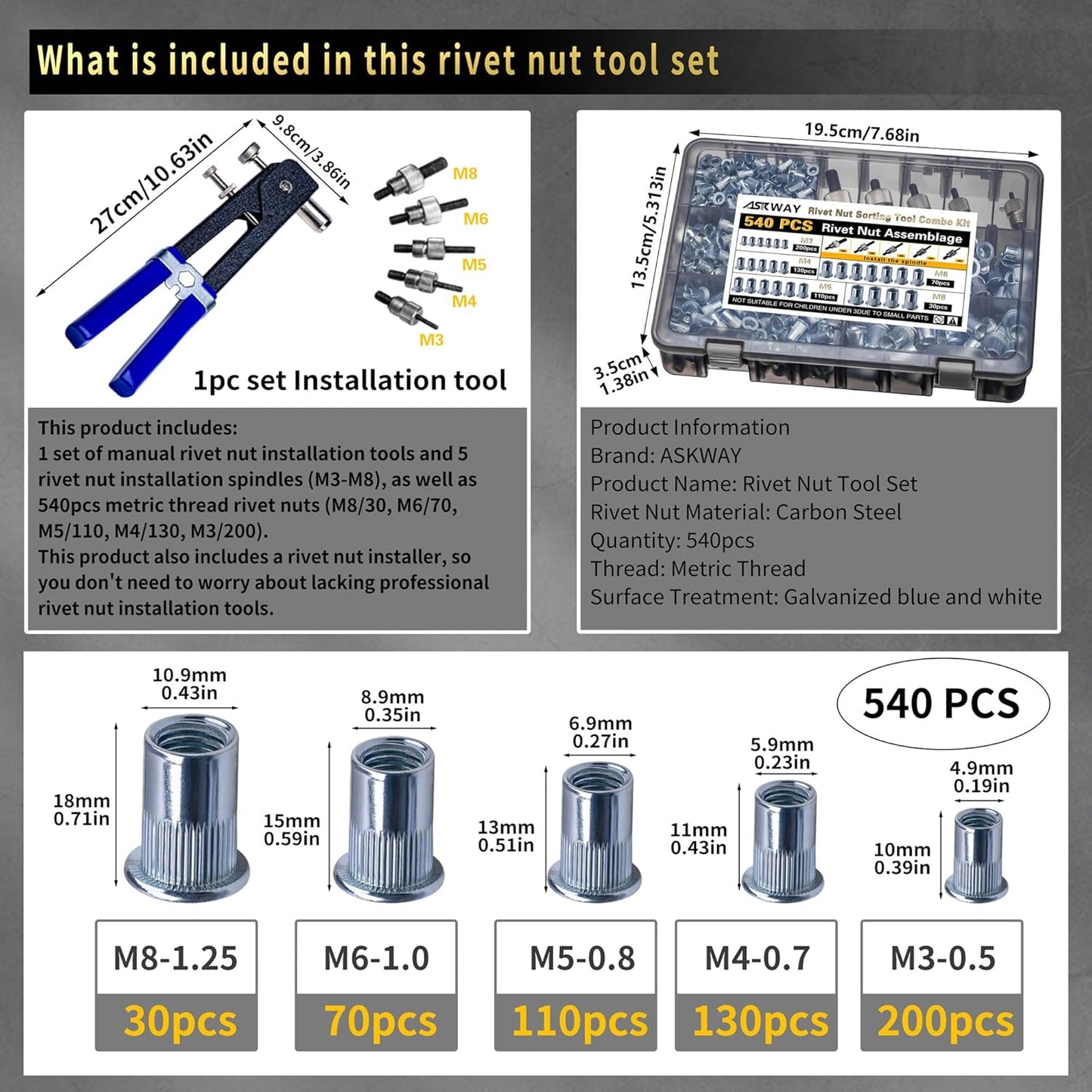 Kit de herramientas de tuerca de remache 540 piezas (M8\/M6\/M5\/M4...