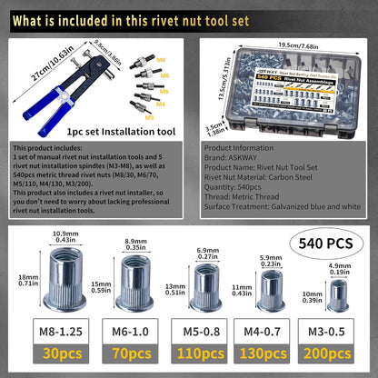 Kit de herramientas de tuerca de remache 540 piezas (M8\/M6\/M5\/M4...