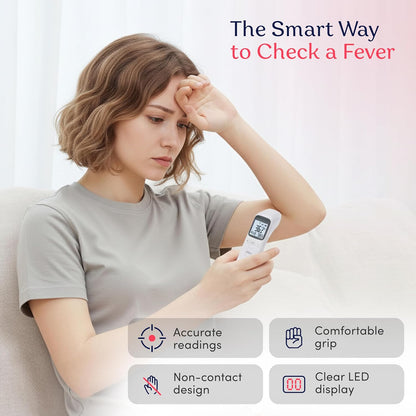 Termómetro infrarrojo de Smart Med Alert - Medición de 1 segundo, tres opciones de pantalla, alarma de fiebre y 32 juegos de memoria
