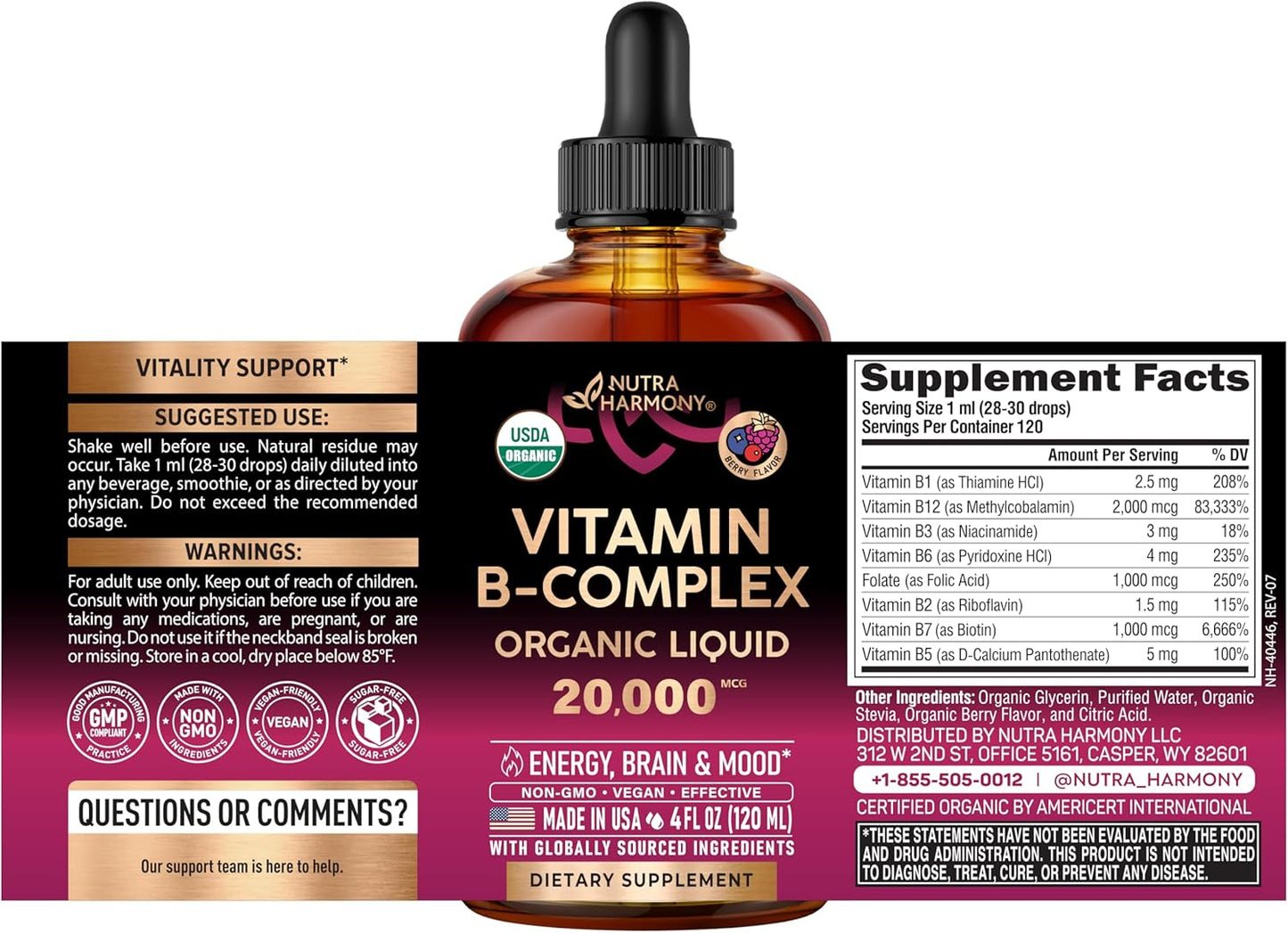 Vitamina B-Complex USDA Orgánico B5 Ácido Pantoténico | B12 Metilco...