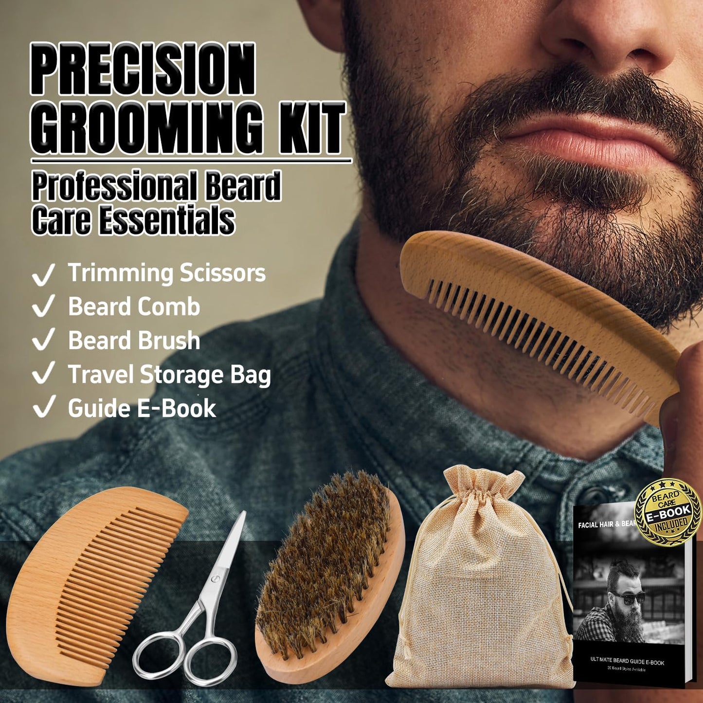 XIKEZAN Kit mejorado de aseo para barba con acondicionador de barba, aceite de barba, bálsamo para barba, cepillo para barba, lavado de barba/champú, peine para barba, tijeras para barba, bolsa de